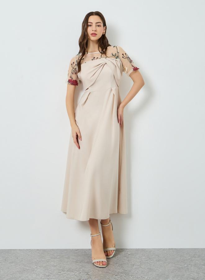 Take Two Women Beige Floral Embroidered Contrast Mesh Midi Dress - Image 4